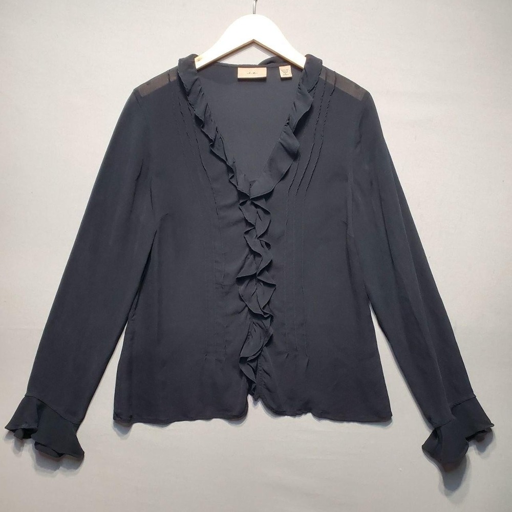 VTG I.E. 100% Silk Ruffle Blouse Womens L Black Sheer Y2K Romantic Goth Academia